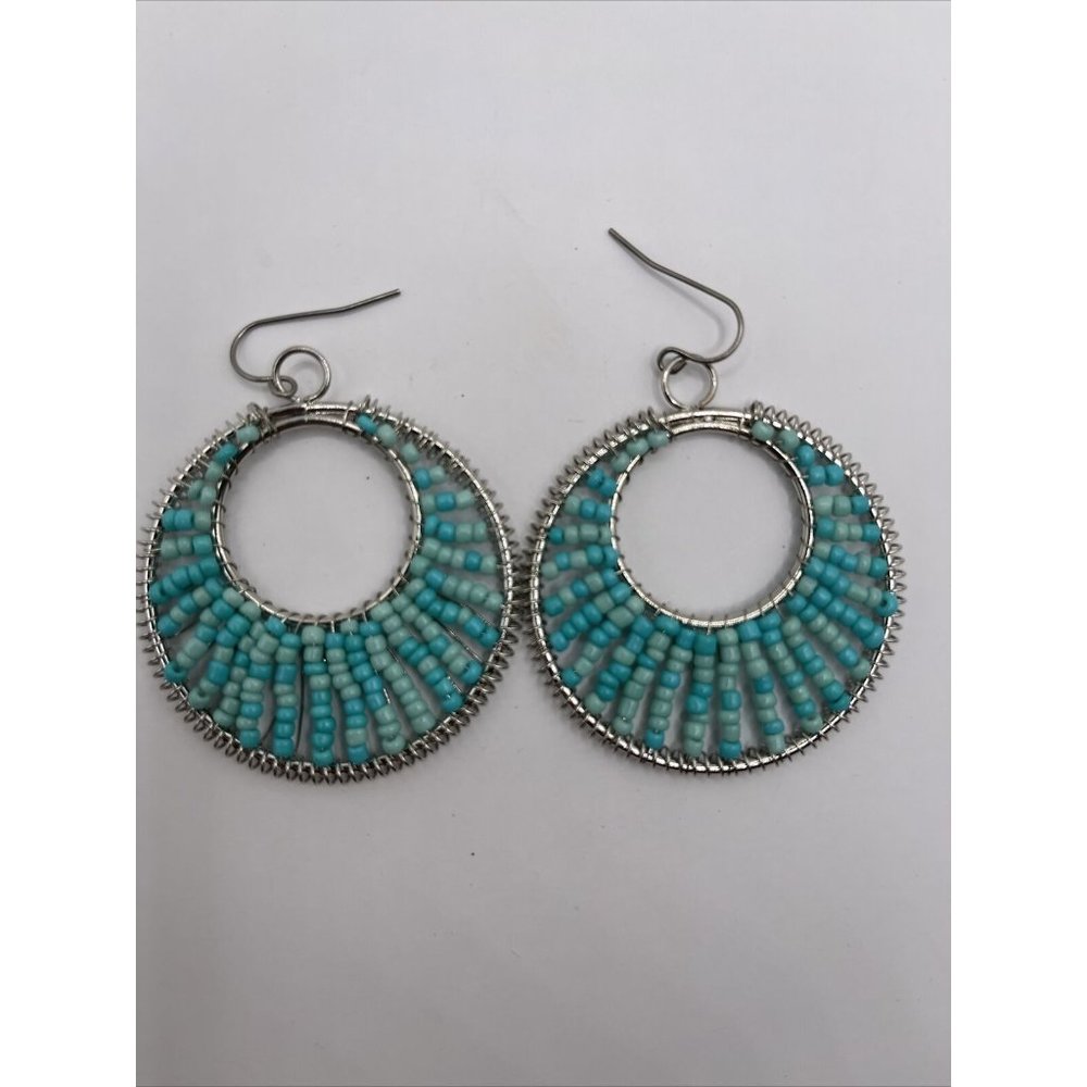 turquoise beaded silver tone hoop earrings